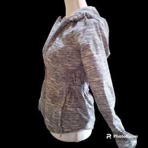 New Balance hooded rain jacket, in EUC -black and white thin graphic stripes. S